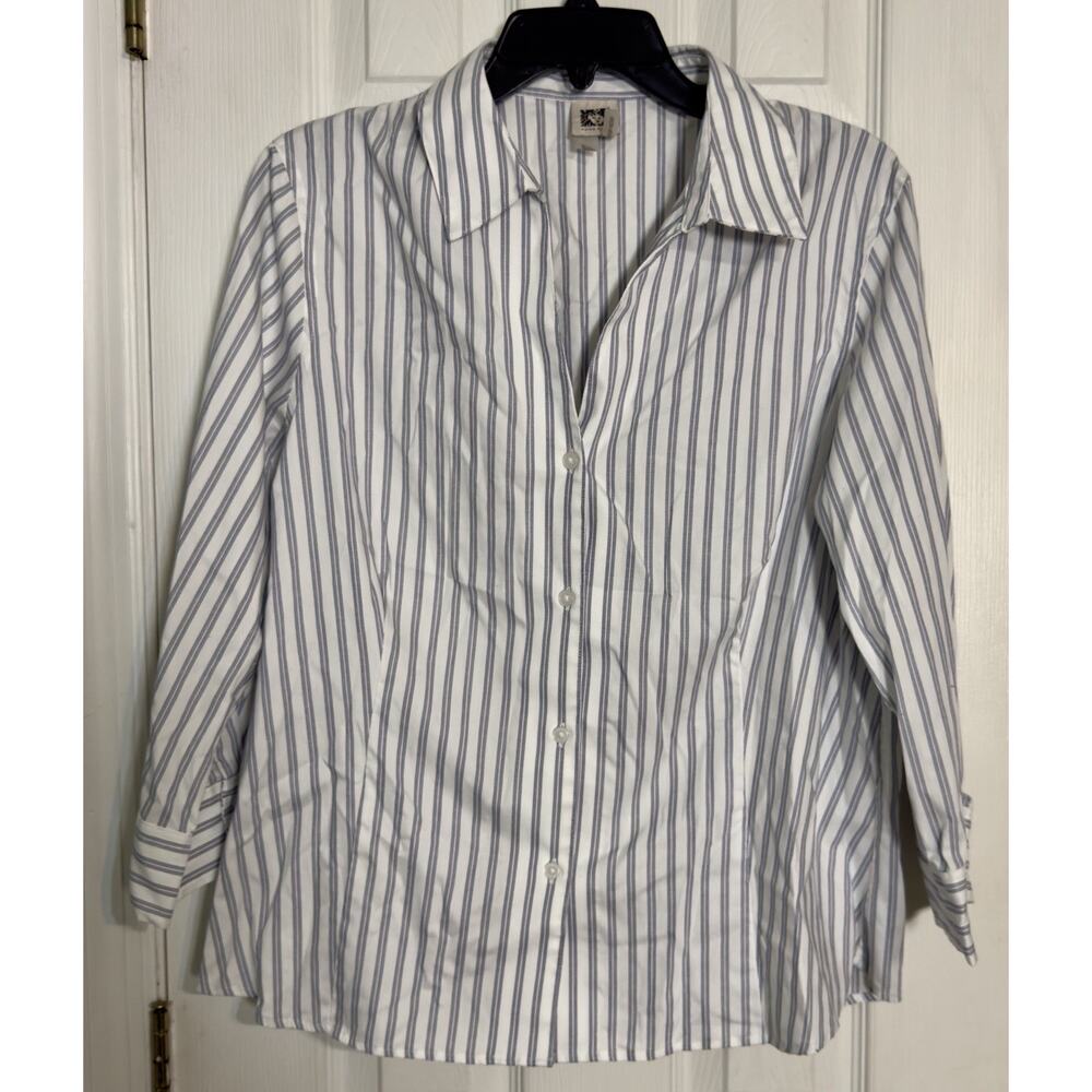 Anne Klein White Button-Down Shirt with Blue Stripes